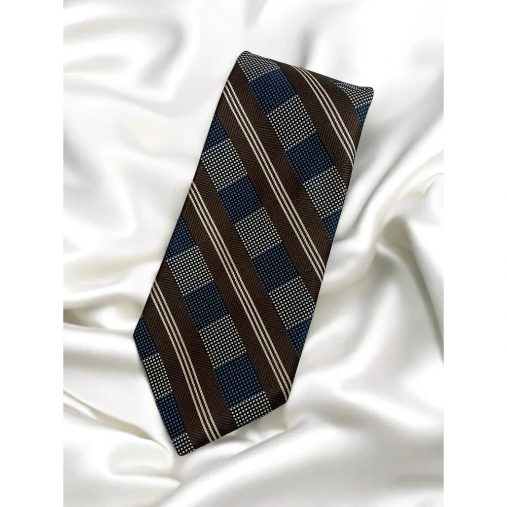 Christian Dior Necktie 100% Polyester-Chocolate Brown, Blue, Cream - GORGEOUS!!
